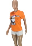 Women Summer Orange Cute O-Neck Short Sleeves Animal Print Regular T-Shirt