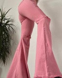 Women Spring Pink FLARE PANTS High Waist Zipper Fly Solid Fringed Full Length Regular Pants