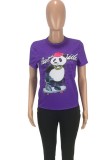 Women Summer Purple Cute O-Neck Short Sleeves Animal Print Regular T-Shirt