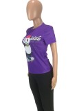 Women Summer Purple Cute O-Neck Short Sleeves Animal Print Regular T-Shirt
