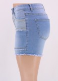 Women Summer Blue Patchwork Jeans High Waist Zipper Fly Color Blocking Pockets Short Regular Jeans Shorts