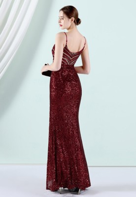 Women Summer Red Romantic Strap Sleeveless Metallic Sequined Evening Dress