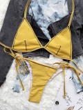 Women Yellow High-Waisted Halter Striped Print Lace Up Two Piece Swimwear