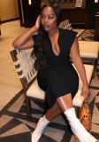 Women Summer Black Modest Turn-down Collar Sleeveless Solid Maxi Dress