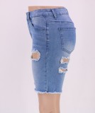 Women Summer Blue Straight Zipper Fly Solid Hollow Out Short Regular Plus Size Jeans