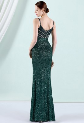 Women Summer Green Romantic Strap Sleeveless Metallic Sequined Evening Dress