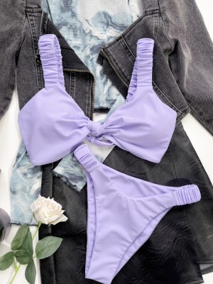 Women Purple TIE-FRONT Strap Solid Two Piece Swimwear