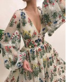 Women Spring Printed Sweet V-neck Full Sleeves Floral Print Ripped Maxi Dress