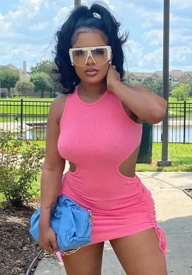 Women Summer Pink Sexy Halter Sleeveless Solid Lace Up Mini Bodycon Dress
