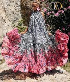 Women Summer Printed Romantic Halter Sleeveless Floral Print Maxi Dress