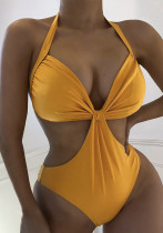 Women Orange Halter V-Neck Solid One Piece Swimsuit