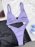 Women Purple Bikini V-Neck Solid Two Piece Swimwear