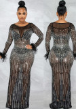 Women Spring Black Vintage O-Neck Full Sleeves Solid Mesh Diamonds Evening Dress