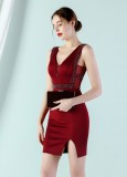 Women Summer Red Formal V-neck Sleeveless Solid Diamonds Mini Bodycon Dress