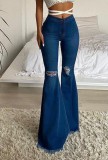 Women Spring Blue FLARE PANTS High Waist Zipper Fly Solid Fringed Full Length Regular Pants