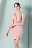 Women Summer Pink Formal V-neck Sleeveless Solid Diamonds Mini Bodycon Dress