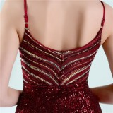 Women Summer Red Romantic Strap Sleeveless Metallic Sequined Evening Dress