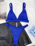 Women Blue Bikini V-Neck Solid Two Piece Swimwear