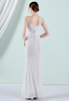 Women Summer White Romantic Strap Sleeveless Metallic Sequined Evening Dress