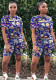 Women Summer Blue Casual O-Neck Short Sleeves High Waist Printed Regular Two Piece Shorts Set