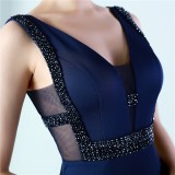 Women Summer Dark Blue Formal V-neck Sleeveless Solid Diamonds Mini Bodycon Dress