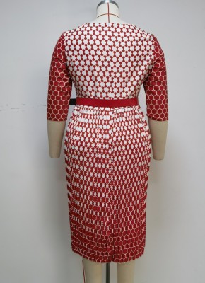 Women Spring Red Modest O-Neck Full Sleeves Snake Skin Belted Midi A-line Plus Size Casual Dress