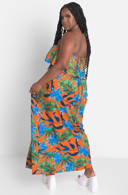 Women Summer Printed Casual Sleeveless Floral Print Ruffles Maxi Loose Plus Size Casual Dress