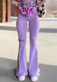 Women Spring Purple FLARE PANTS High Waist Zipper Fly Solid Fringed Full Length Regular Pants