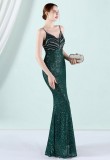 Women Summer Green Romantic Strap Sleeveless Metallic Sequined Evening Dress
