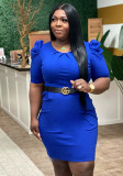 Women Summer Blue Modest O-Neck Half Sleeves Solid Pockets Knee-Length Straight Plus Size Office Dress