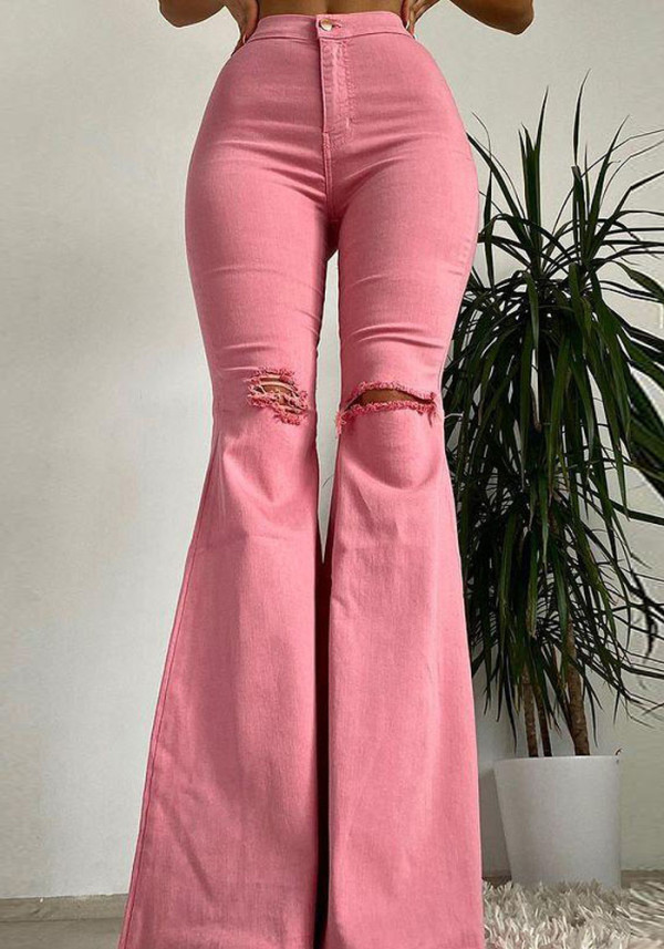 Women Spring Pink FLARE PANTS High Waist Zipper Fly Solid Fringed Full Length Regular Pants