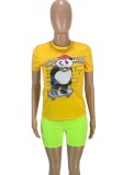 Women Summer Yellow Cute O-Neck Short Sleeves Animal Print Regular T-Shirt
