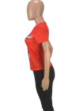 Women Summer Red Cute O-Neck Short Sleeves Animal Print Regular T-Shirt