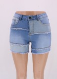 Women Summer Blue Patchwork Jeans High Waist Zipper Fly Color Blocking Pockets Short Regular Jeans Shorts