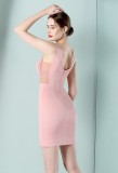 Women Summer Pink Formal V-neck Sleeveless Solid Diamonds Mini Bodycon Dress