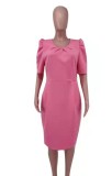 Women Summer Pink Modest O-Neck Half Sleeves Solid Pockets Knee-Length Straight Plus Size Office Dress