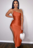 Women Summer Orange Sexy Slash Neck Sleeveless Solid Satin Ripped Maxi Dress