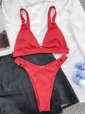 Women Red Bikini V-Neck Solid Two Piece Swimwear