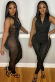 Women Summer Black Sexy Turn-down Collar Sleeveless Solid Mesh Zippers Full Length Regular Jumpsuit