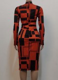 Women Spring Orange Modest Turtleneck Full Sleeves Geometric Print Midi Bodycon Dress
