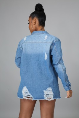 Women Spring Blue Full Sleeves Solid Denim Pockets Single Breasted Regular Jacket