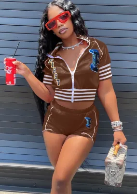 Women Summer Brown Casual Turn-down Collar Short Sleeves High Waist Letter Print Regular Two Piece Shorts Set