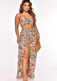 Women Summer Printed Sexy Strapless Sleeveless High Waist Floral Print Ripped Loose MidiTwo Piece Skirt Set