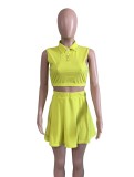 Women Summer Yellow Casual Turn-down Collar Sleeveless High Waist Solid Regular MiniTwo Piece Skirt Set