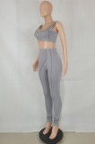 Women Summer Grey Sports Sleeveless High Waist Solid Regular Two Piece Pants Set