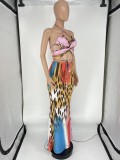 Women Summer Printed Sexy Halter Sleeveless High Waist Leopard Print Skinny MidiTwo Piece Skirt Set