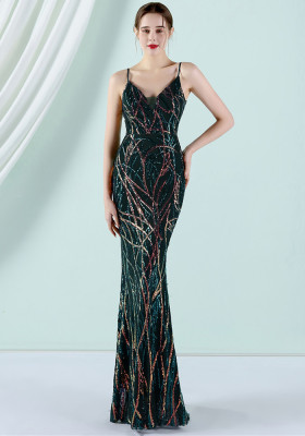 Women Summer Green Vintage Strap Sleeveless Striped Print Sequined Evening Dress