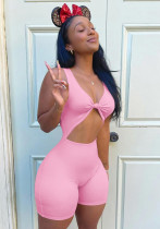 Women Summer Pink Sexy V-neck Sleeveless Solid Above Knee Skinny Rompers