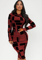 Women Spring Red Modest Turtleneck Full Sleeves Geometric Print Midi Bodycon Dress