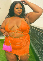 Women Summer Orange Sexy Halter Sleeveless High Waist Solid Lace Up Regular Plus Size Two Piece Skirt Set
